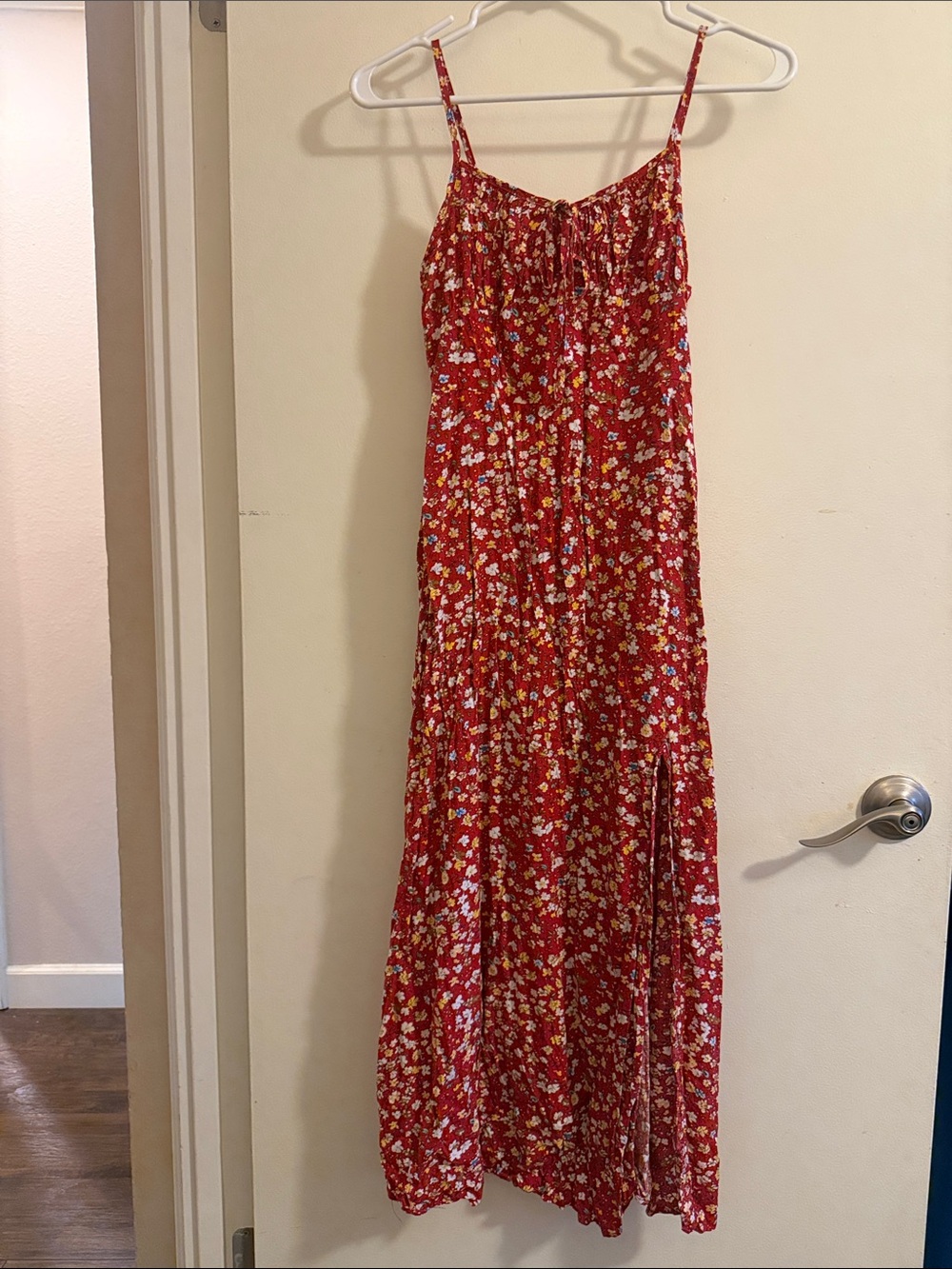 Red Floral Spaghetti-Strap Maxi Dress with Smocked Bodice